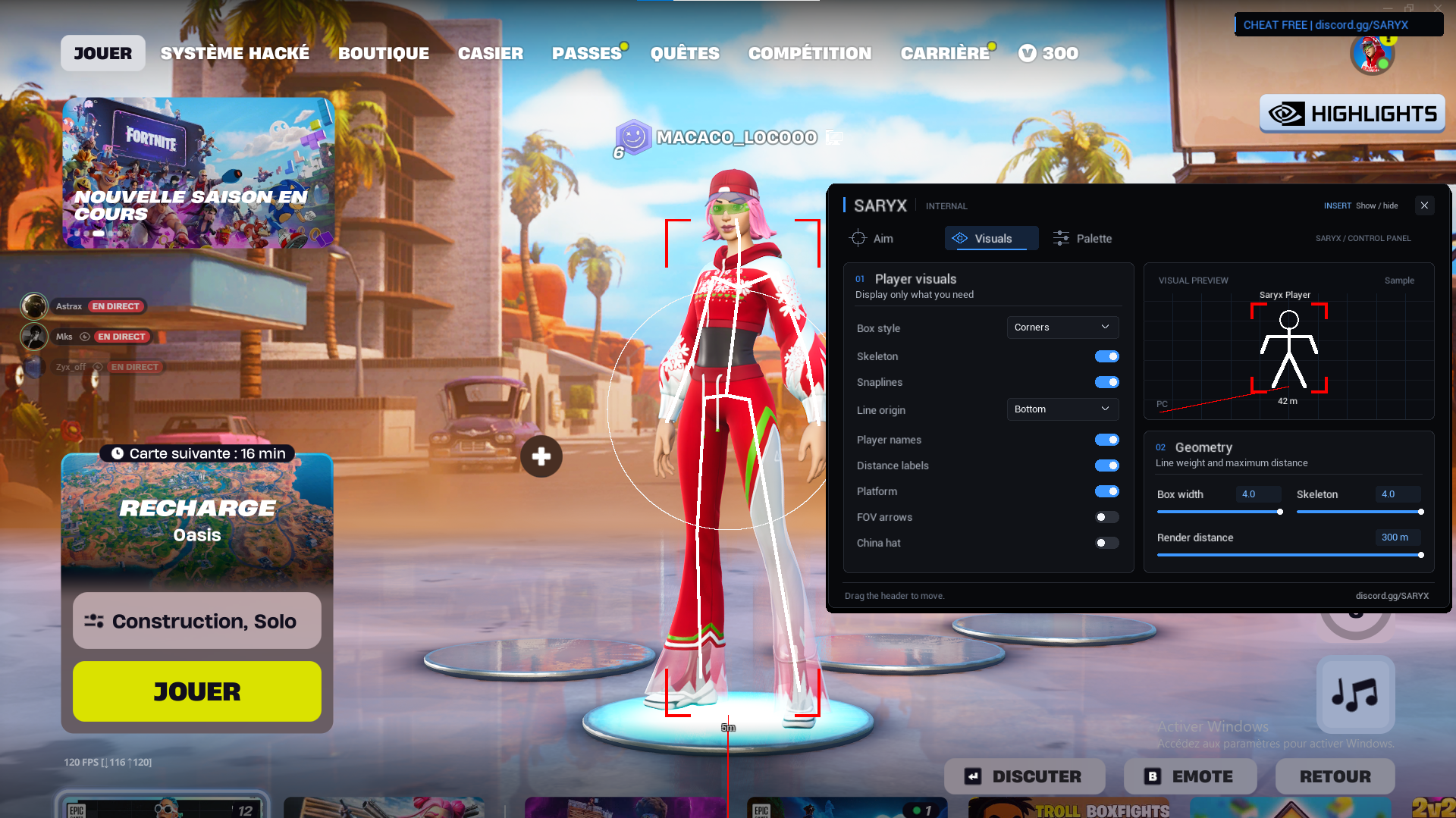 Saryx Fortnite Internal interface showing visual settings